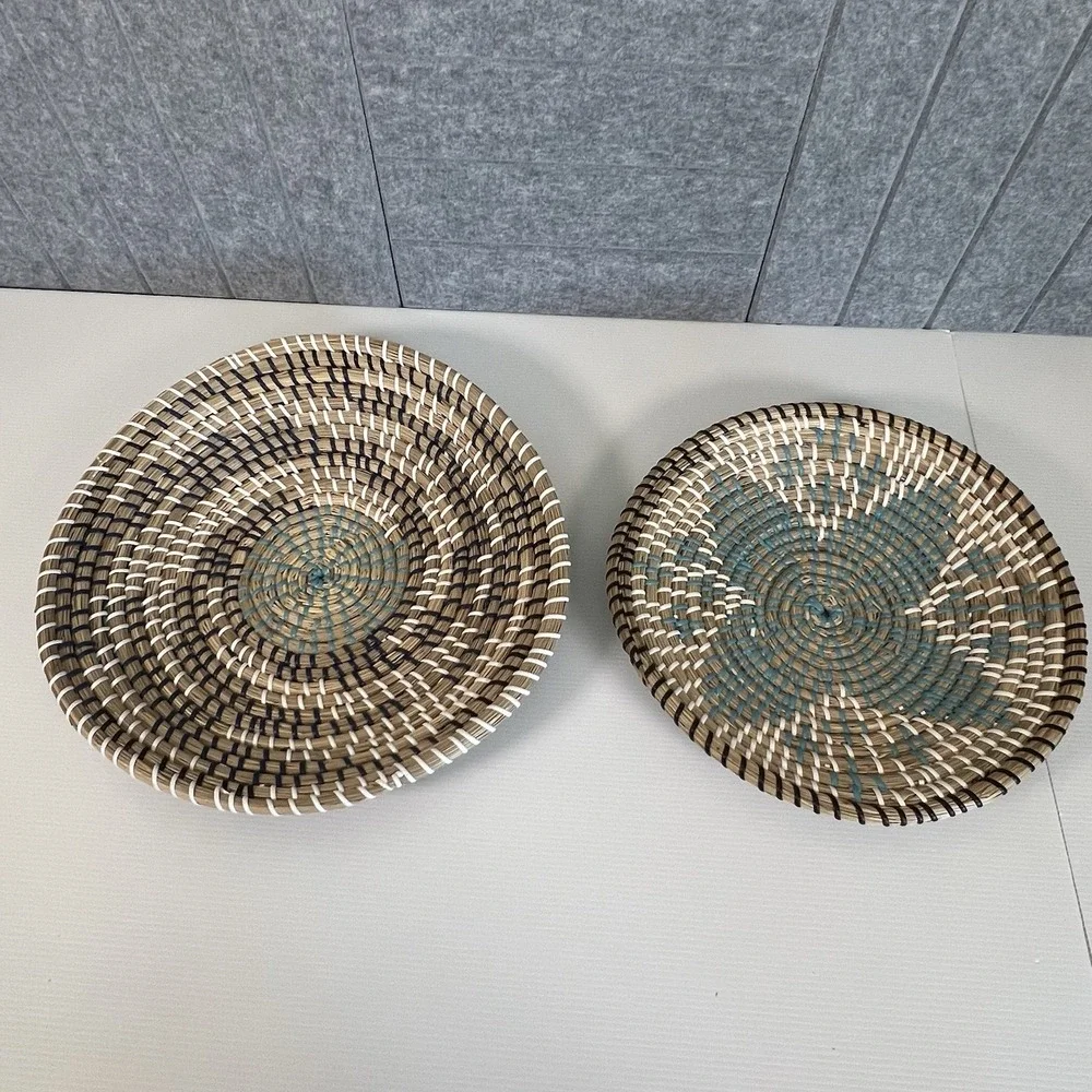 Set of 2 Woven Seagrass Wall Art Baskets Boho Decor Turquoise Blue Natural